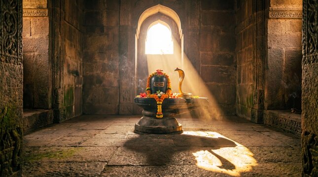 Shiva linga with flowers and snake in ancient temple