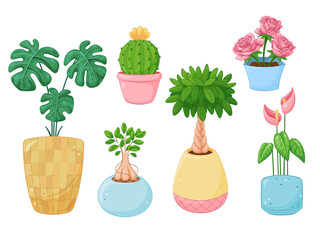 set of colorful potted plants on white background, pastel ceramic pots with stylized foliage and small blooms,