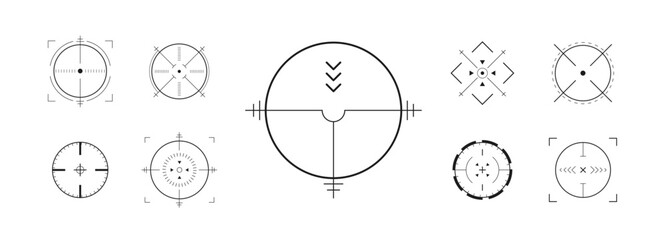 Crosshair Hud. Precision weapon UI with goal marker. Telescope viewfinder. Collection of modern digital target icons. Vector eps 10.