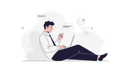 Man Working on Laptop with Data Charts, Business Analysis and Results