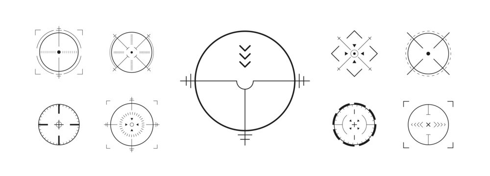 Crosshair Hud. Precision weapon UI with goal marker. Telescope viewfinder. Collection of modern digital target icons. Vector eps 10.