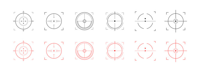 Crosshair Hud red. Sniper radar and viewfinder. Location Hud for combat game interface design. Set of simple Vector icons.