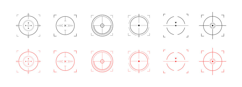 Crosshair Hud red. Sniper radar and viewfinder. Location Hud for combat game interface design. Set of simple Vector icons.