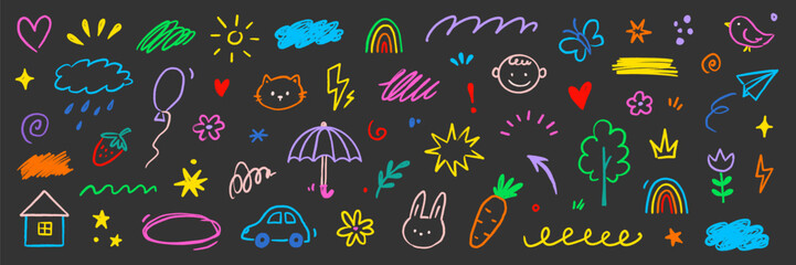 Kid cute baby childish element set. Cute kid school doodle sketch rainbow, sun, cloud background. Children preschool cartoon icons with happy face, house, tree, bird and heart. Vector illustration © Polina Tomtosova