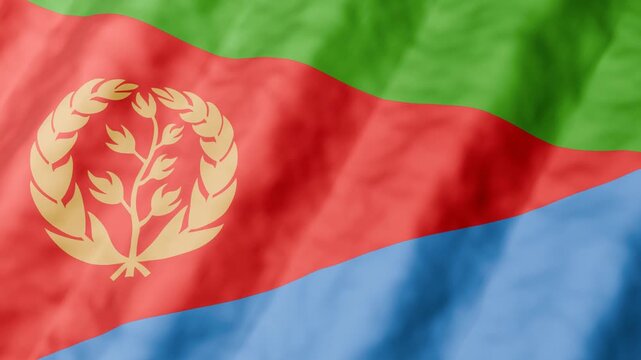 Eritrea national flag 3D animation waving in seamless loop. 4K motion graphic background. Green, red and blue triangle with golden olive wreath emblem. Concept of independence, patriotism, ceremony.