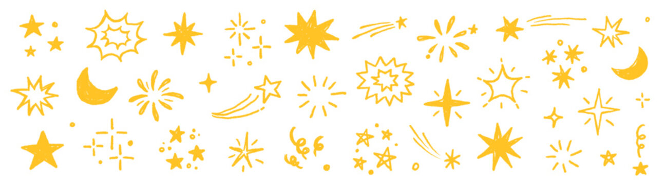 Star gold sticker icon collage set. Star icon sketch hand drawn line brush crayon texture vintage background. Cute kid magic twinkle sparkle, glow moon, space figure. Vector illustration