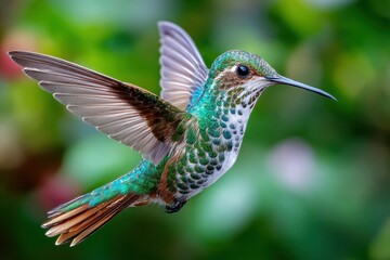 Fototapeta premium Green hummingbird hovering near colorful flowers in a lush garden setting