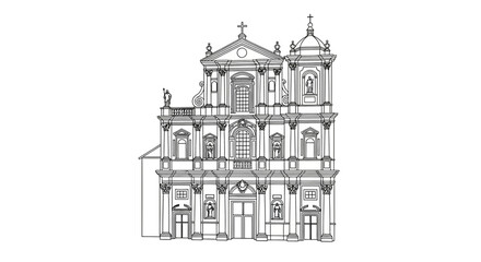 Obraz premium Baroque Church Facade Drawing, Architectural Sketch, Religious Building Exterior