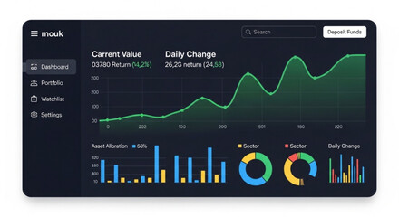 Financial dashboard with line graph and bar charts on dark background