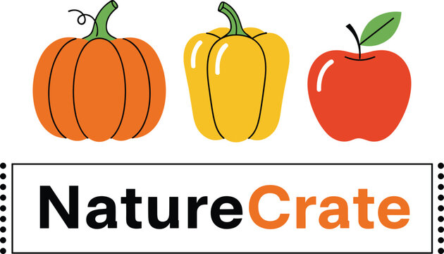 Nature crate organic fruits and vegetables logo with pumpkin bell pepper and apple healthy farm food flat vector illustration
