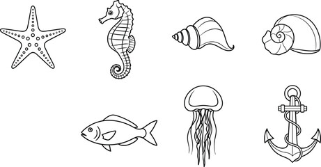 Collection of marine life and nautical icons simple line art vector illustrations for summer or ocean themes isolated on white © Zohaib