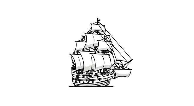 Vintage Sailing Ship Illustration: Black and White Line Art of a Majestic Tall Ship