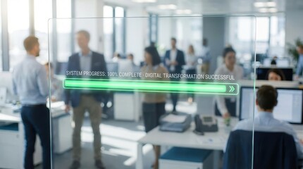 Fototapeta premium IT Modernization Plan concept. Office workers in a modern workspace with a digital transformation progress bar