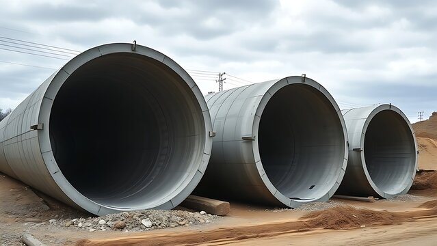 culvert. Massive concrete circular pipes lying on a gravel bed at a construction site. safety posters, maintenance manuals, designed for precision metalworking and fabrication facilities.