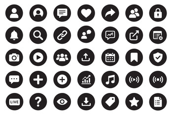 A modern set of six clean, black and white social media icons representing photography, video, communication, addition, live streaming, and questions.