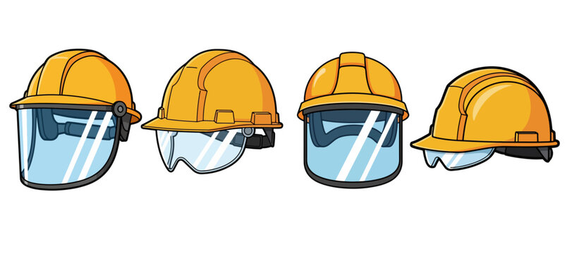 Collection of Four Yellow Construction Hard Hats with Integrated Clear Safety Visors and Shields