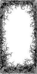 Gritty pen and ink thorny vine border frame in black and white with blank center