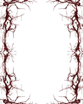 Creepy twisted root and thorn border frame with red branches and blank white center