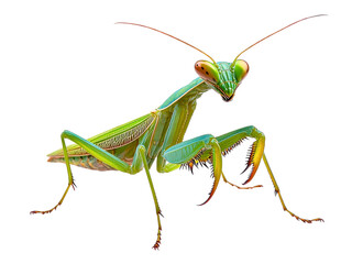 Green praying mantis insect standing with long antennae isolated on a white or transparent background