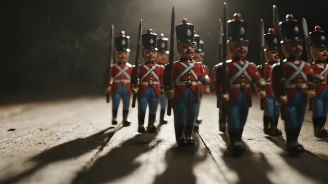 Toy soldiers marching in formation with rifles on wooden floor.