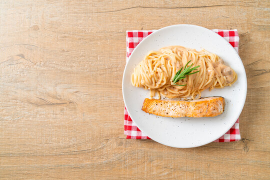 grilled salmon with spaghetti creamy tomato sauce