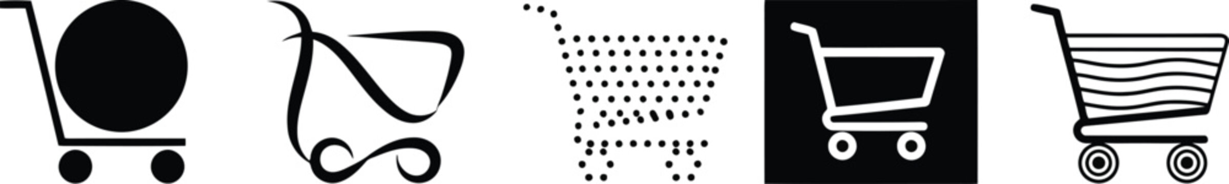 Shopping cart outline icon collection. Includes various styles of shopping carts for e-commerce and retail. Created in outline and solid styles with black and white palette.