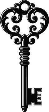 Ornate Black Antique Key Silhouette on White Background