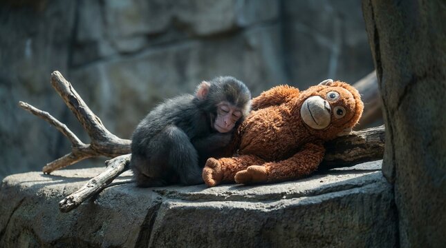 Dark Gray Macaque And Orangutan Toy Sleeping Together Under Light