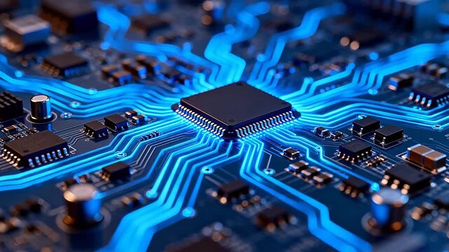 Closeup of a glowing circuit board