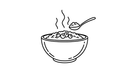 Hot Cereal Bowl with Spoon and Berries - Line Art Icon