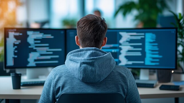 Empower your digital transformation: rear view of a focused developer in a hoodie working with complex code on dual monitors in a modern office, perfect for software house branding and IT blogs.