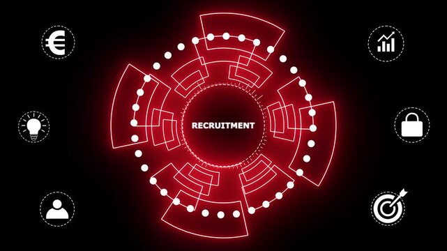 Recruitment Business, technology, Internet and network concept. glowing animation on black background. 4k motion graphics video.
