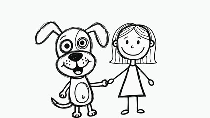 Naklejka premium A cartoon girl and her dog stand together in a simple black line drawing with a plain white background