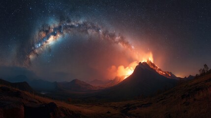 Fototapeta premium Dramatic night landscape of active volcano erupting with glowing lava beneath vibrant Milky Way galaxy and star filled sky.