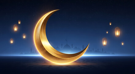 Naklejka premium Golden Crescent Moon with Glowing Lanterns and Mosque Silhouettes at Night sky dark blue