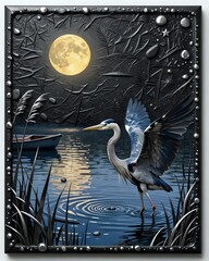Fototapeta premium Heron near water in the moon night 