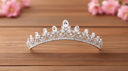 Fototapeta premium Elegant Large Crystal Tiara with Sparkling Topaz Centerpiece and Floral Design on Wooden Surface