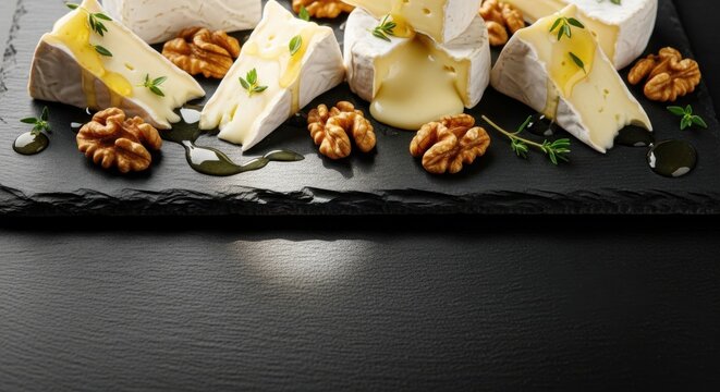 Creamy brie cheese wedges with walnuts and honey on slate board  