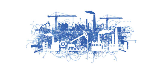 Fototapeta premium Abstract industrial factory background. Blue sketch style construction and manufacturing illustration