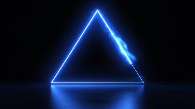 Bright blue neon light forms a glowing triangle on a dark reflective surface