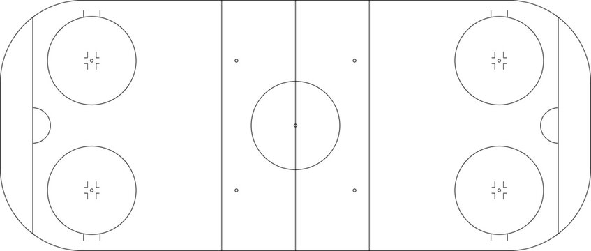 Ice hockey rink outline with faceoff circles, center circle, crease arcs, and zone lines, top view &ndash; vector line markings (IIHF/NHL style)