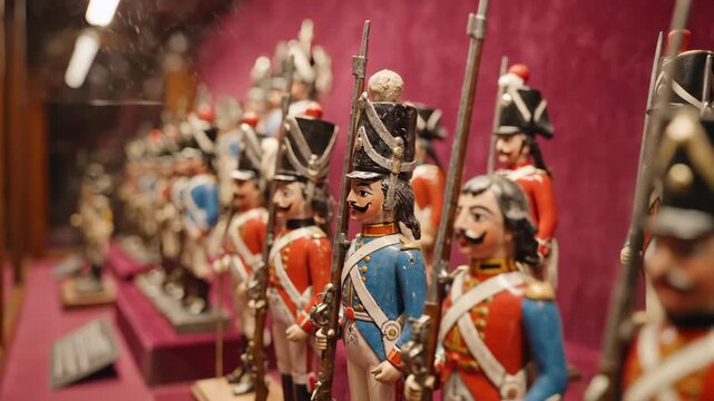 Collection of antique toy soldiers in military uniform displayed in a museum.