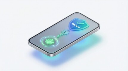 Fototapeta premium multi factor authentication fintech concept. Smartphone displaying biometric fingerprint and digital security shield