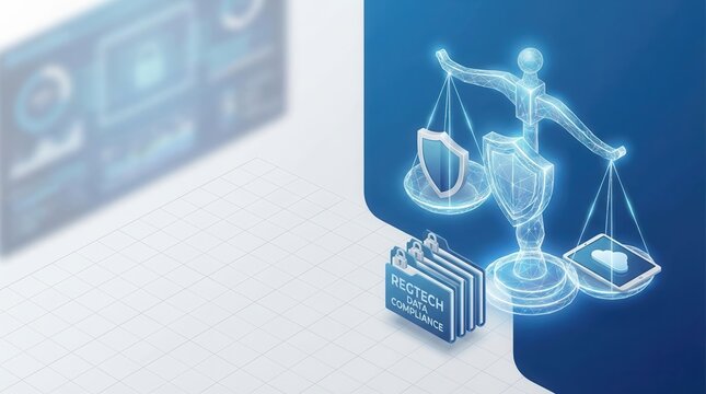 multi factor authentication fintech concept. Digital scales of justice with RegTech compliance folders in futuristic style