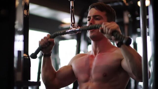 Muscular Man Engaged in Cable Pulldown Exercise at a Modern Gym
