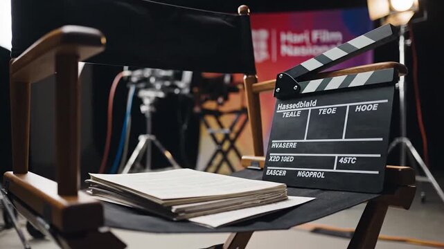 Film director's chair with clapperboard and script on set during movie production