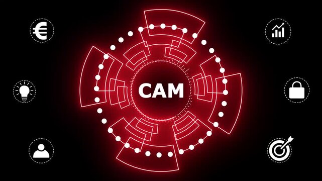 CAM Computer-aided manufacturing industrial Business, technology, Internet and network concept. glowing animation on black background. 4k motion graphics video.
