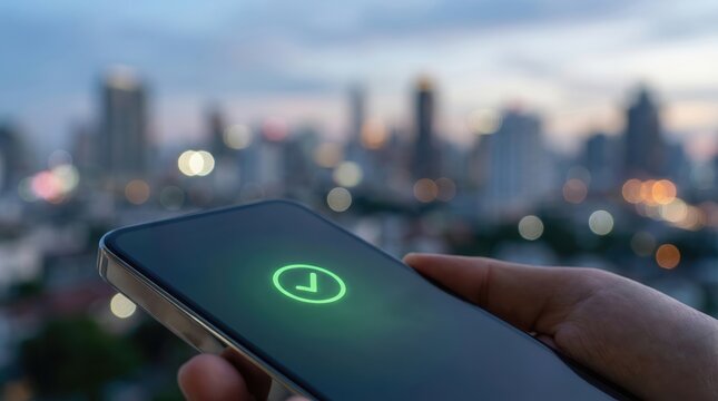 multi factor authentication fintech concept. Smartphone displaying a checkmark icon with a blurred cityscape background.