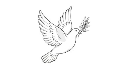 Obraz premium Dove of Peace Flying with Olive Branch, Symbol of Hope and Serenity, Black and White Illustration