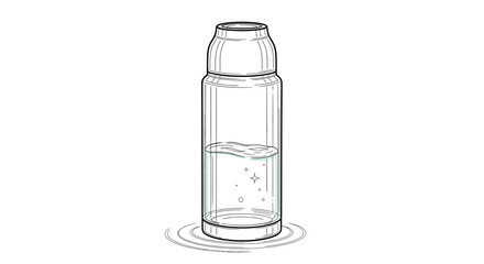 Clear Glass Bottle with Water and Bubbles, Minimalist Line Art Illustration
